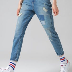 Blue Plain Denim Casual Paneled Straight Leg Pants