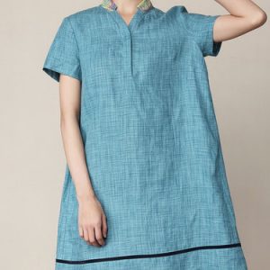 Blue Plain Embroidered Stand Collar Casual Mini Dress