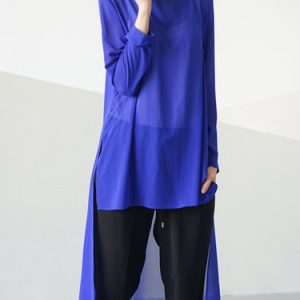 Blue Plain Long Sleeve Crew Neck H-line Tunic