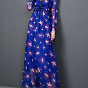 Blue Plunging Neck Tie-waist Long Sleeve Geometric Printed A-line Maxi Dress