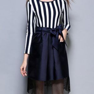 Blue Pockets A-line Casual Stripes Paneled Midi Dress