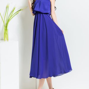 Blue Polyester Crew Neck Casual Folds Midi Dress