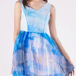 Blue Polyester Printed Sweet A-line Mini Dress