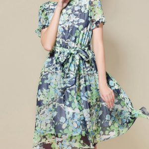 Blue Printed A-line Casual Midi Dress