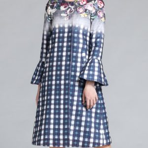 Blue Printed Crew Neck Long Sleeve Coat