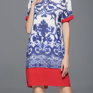 Blue Printed Floral Crew Neck Vintage Mini Dress