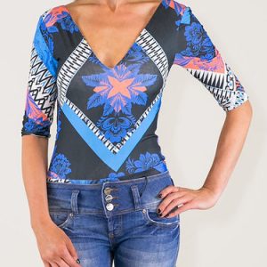 Blue Printed Half Sleeve Bodysuit Top