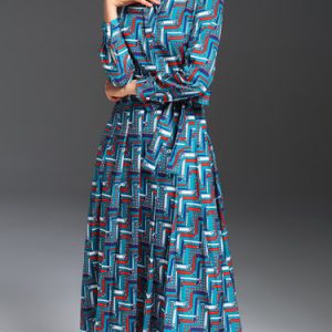 Blue Printed Long Sleeve Abstract Shirt Collar Midi Dress with Belt