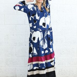 Blue Printed Long Sleeve Flounce V Neck Maxi Dress