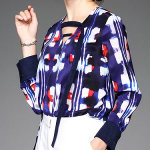 Blue Printed Long Sleeve V Neck Blouse