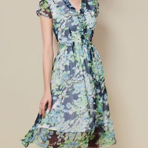 Blue Printed V Neck Chiffon Casual Midi Dress