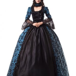 Blue Retro Costumes Lace Ruffle Matte Satin Mardi Gras Victorian Era Style Floral Print Dress Vintage Clothing Halloween