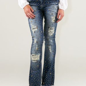 Blue Ripped Denim Embellished Street Jeans