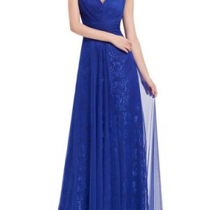 Blue Ruched Sleeveless V Neck Swing Evening Dress