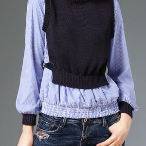 Blue Ruffled Cotton-blend Knitted Paneled Casual Long Sleeve Top