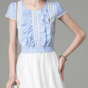 Blue Ruffled Sweet Short Sleeved Top