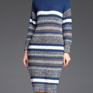 Blue Sheath Long Sleeve Stripes Knitted Stripes Sweater Dress