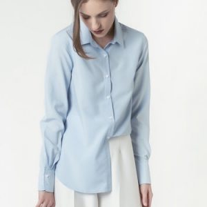 Blue Shirt Collar Basic H-line Solid Blouse