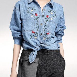 Blue Shirt Collar Embroidered Denim Long Sleeve Blouse