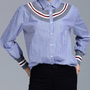 Blue Shirt Collar Stripes H-line Long Sleeve Blouse