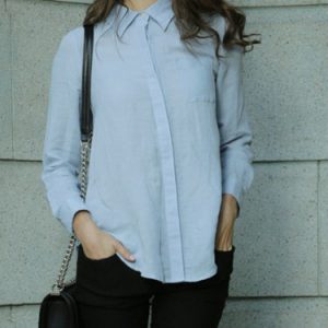 Blue Shirt Collar Work Plain Blouse