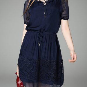 Blue Short Sleeve Casual Asymmetric Silk Mini Dress