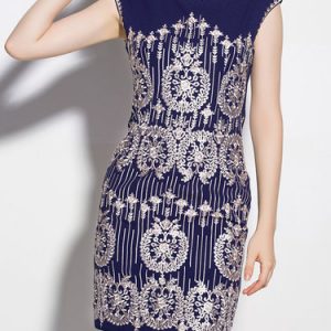 Blue Short Sleeve Embroidery Crew Neck Sheath Mini Dress