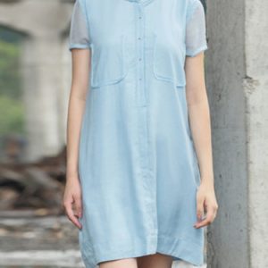 Blue Short Sleeve H-line Crew Neck Viscose Midi Dress