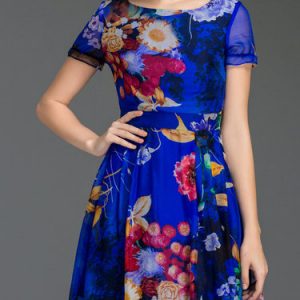 Blue Short Sleeve Silk Printed Vintage Mini Dress