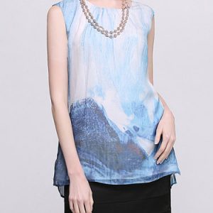 Blue Silk Sleeveless Print Slit Blouse