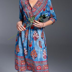 Blue Silk-blend Vintage Shirred Graphic Midi Dress