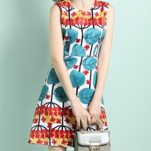 Blue Sleeveless Cotton-blend Crew Neck Floral-print Mini Dress