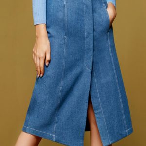 Blue Solid Casual Slit Asymmetrical Midi Skirt