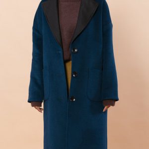 Blue Solid H-line Wool Blend Simple Coat