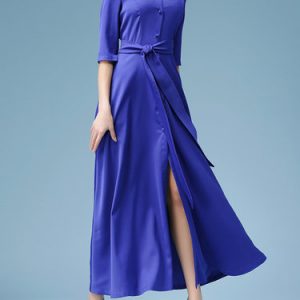 Blue Solid Shirt Collar Elegant Slit A-line Buttoned Maxi Dress