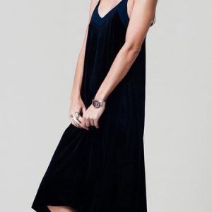 Blue Spaghetti Plain Elegant Velvet Midi Dress