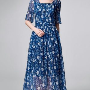 Blue Square Neck Floral Half Sleeve Pleated Midi Dress