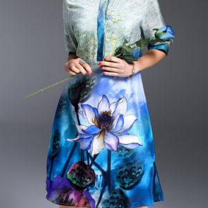 Blue Stand Collar Half Sleeve Floral Silk-blend Midi Dress