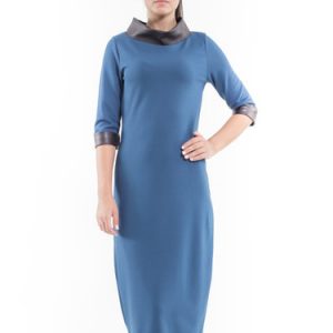 Blue Stand Collar Half Sleeve Midi Dress