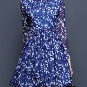 Blue Stand Collar Silk Long Sleeve Printed Mini Dress