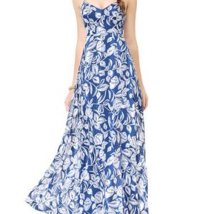 Blue Strappy Back Leaves Printed Sweetheart Maxi Dress