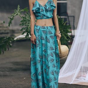 Blue Two Piece Sleeveless Printed Holiday Maxi Dress