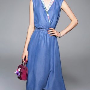 Blue V-neck Denim Sleeveless Midi Dress with Belt