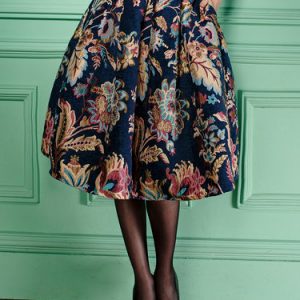 Blue Vintage Cotton-blend Floral Print Midi Skirt