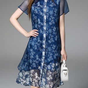 Blue Vintage Floral Stand Collar Shirt Dress