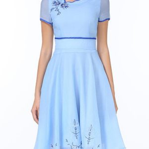 Blue Vintage Floral Swing Short Sleeve Midi Dress