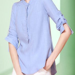 Blue Work Stand Collar Paneled Plain Blouse