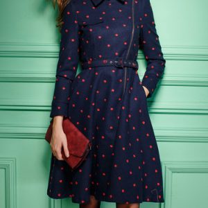 Blue Zipper A-line Vintage Shirt Collar Midi Dress with Belt