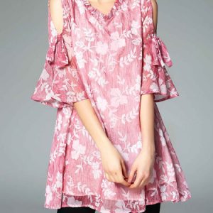 Bow Floral Printed Cold Shoulder Frill Sleeve Tunic