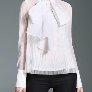 Bow Pleated Long Sleeve Casual Stand Collar Organza Blouse